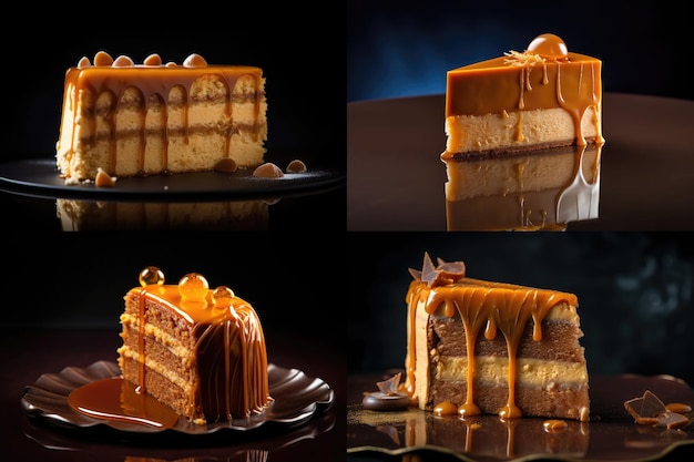 Caramel Cake Collage Sweet Sugar Pastry Closeup Caramel Cakes Abstract Generative AI Illustration