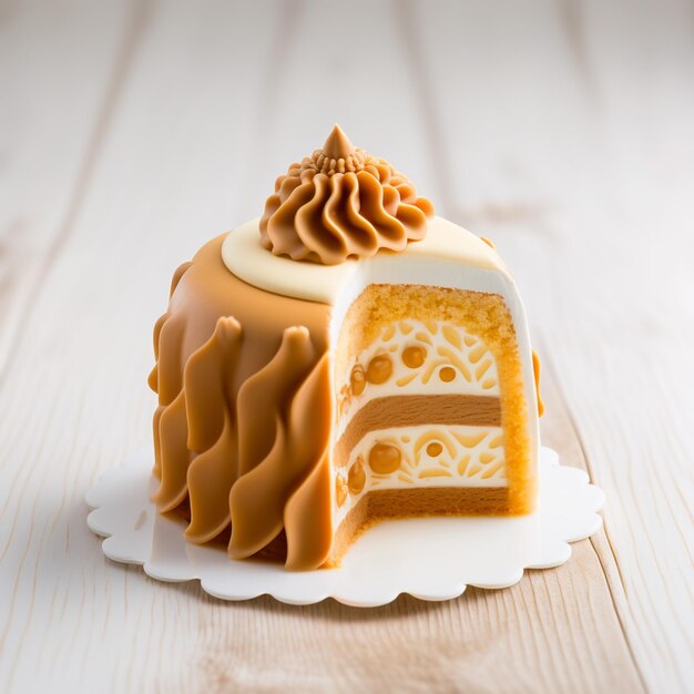 caramel cake on white wood background illustration Generative AI