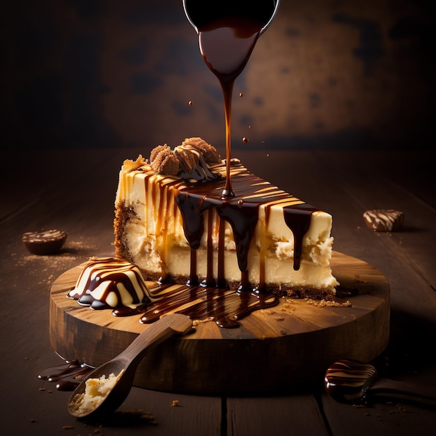 Photo caramel cake on white wood background illustration