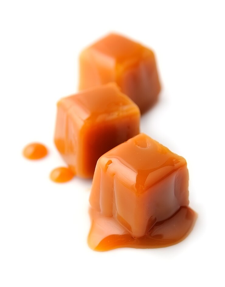 Caramel candies and caramel topping isolated on white.