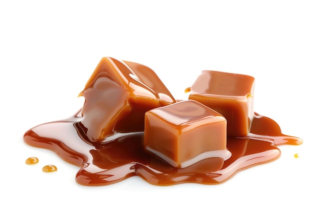 Caramel candies and sauce on white background