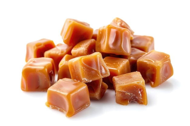 Caramel candies on white background