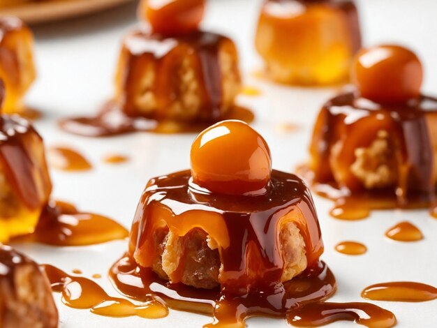 Foto caramelle caramellate con salsa caramellata su uno sfondo bianco focalizzazione selettiva ia generativa