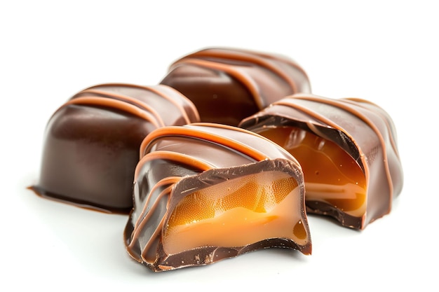 사진 색 바탕에 고립된 초콜릿과 크림으로 가득 찬 카라멜 사탕