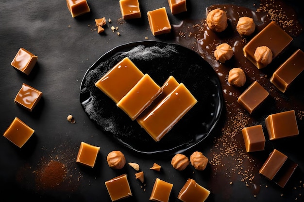 Caramel composition flat lay with free space for copy black rock background