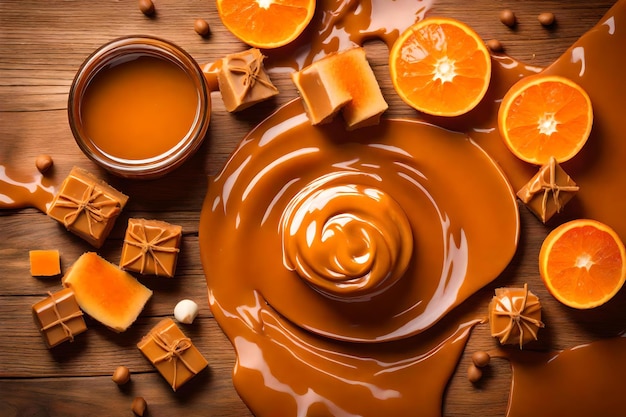 Caramel composition flat lay with free space for copy orange wood background