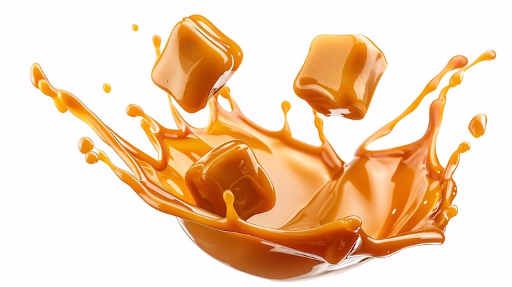 Photo caramel confections suspended in midair with a dripping caramel effect set against a white backdrop