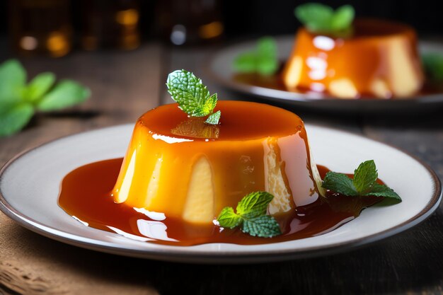 Caramel flan with caramel sauce tasty dessert background