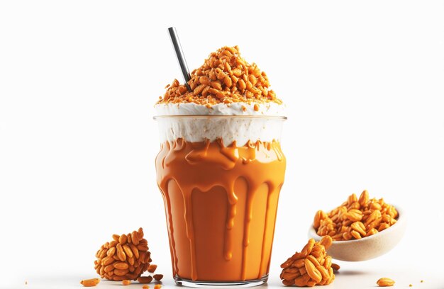 Foto caramel frappe-dranken in een beker met afgeveegde room op witte achtergrond