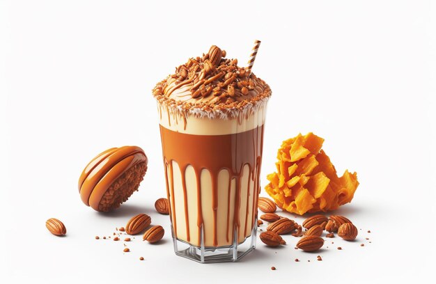 Foto caramel frappe bevande in una tazza con crema asciugata su sfondo bianco