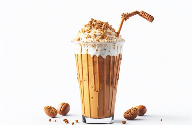 Caramel Frappe drinks in a cup with wipped cream on white background