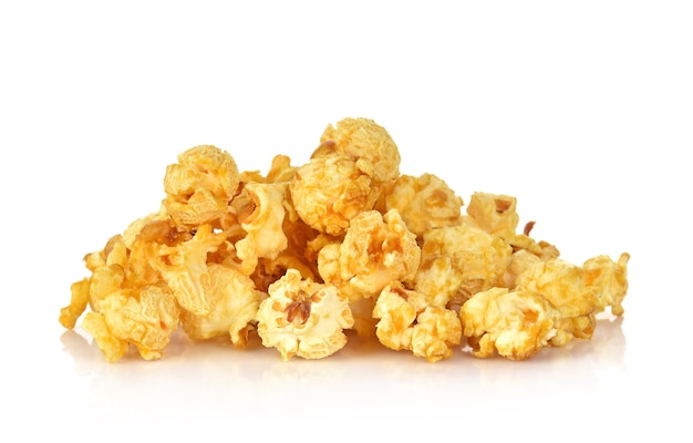 Caramel popcorn on white background