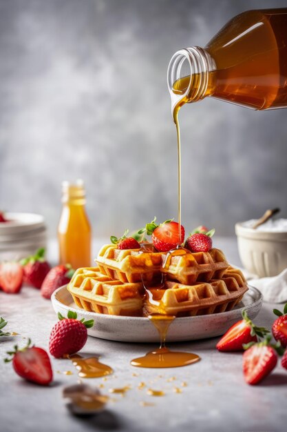 Caramel pouring on freshmade waffles with strawberries breakfast with belgian waffles space for text