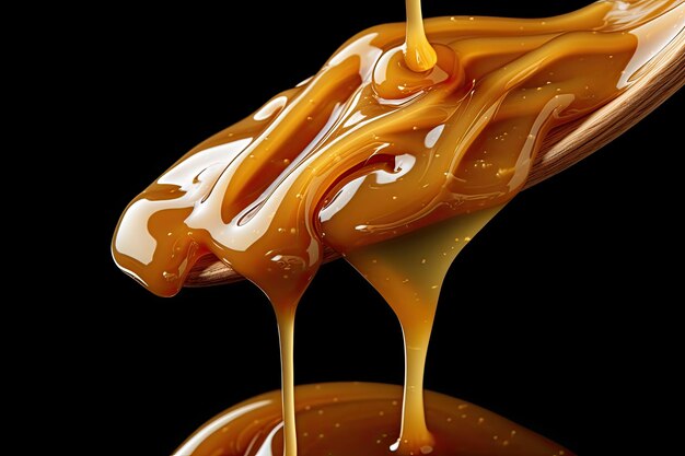 Caramel sauce flowing on flying caramel candy isolated on black background