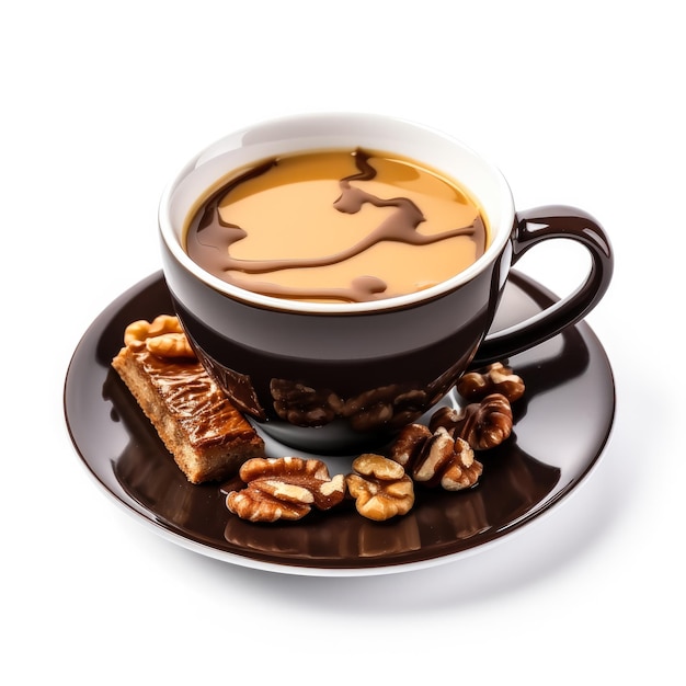 Карамельный ореховый кофе в черной чашке на белом фоне