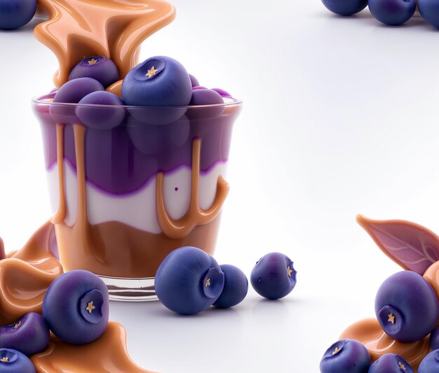 Caramel with blueberry color milk and some blueberry's on white background photorealistic