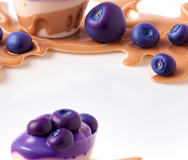 Caramel with blueberry color milk and some blueberry's on white background photorealistic