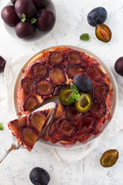 Caramelised plum upside-down cake. 