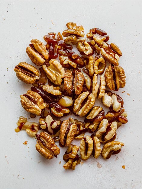 caramelized walnuts on white background