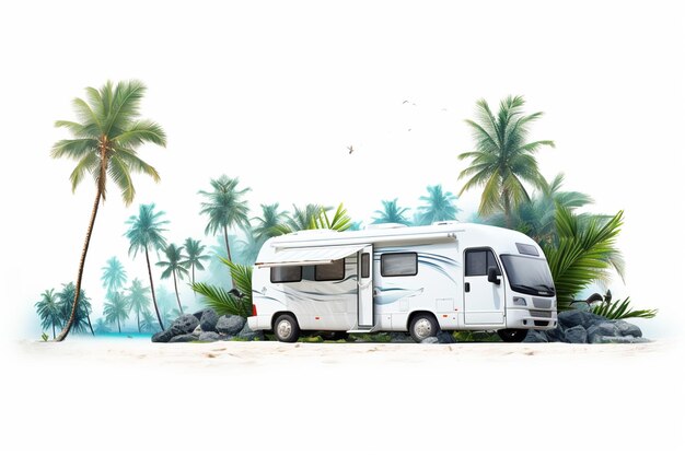 Caravan on the beach with palm trees and sand Vector illustration