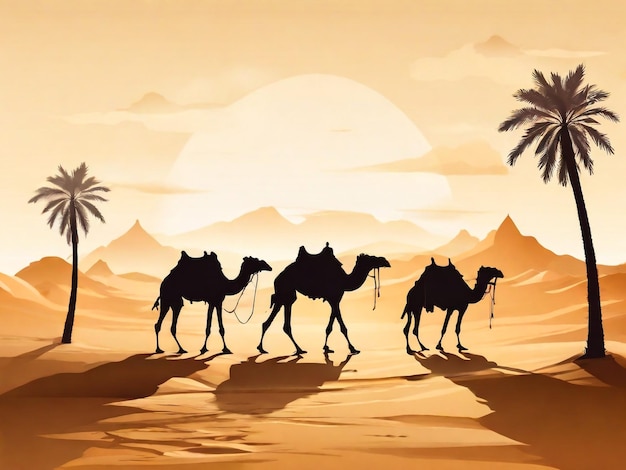 Caravan of camel in the sahara desert of Morocco at sunset time