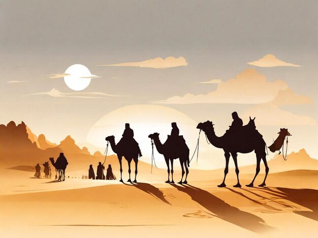 해가 지는 시간 에 모로코 의 사하라 사막 에 있는 낙타 들 의 카라반