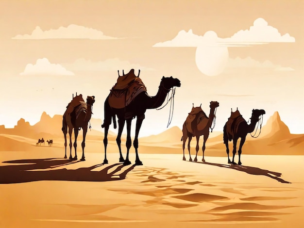 Caravan of camel in the sahara desert of Morocco at sunset time