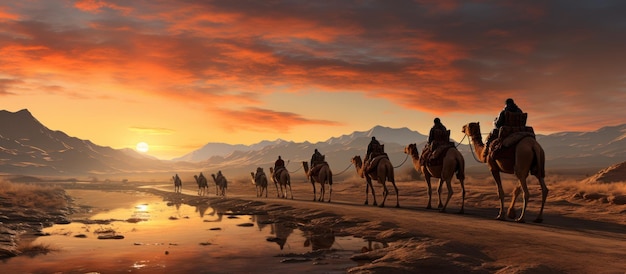 Caravan of camels in the desert at sunset