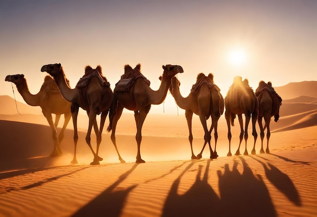 Foto una carovana di cammelli guidata da una persona nel deserto