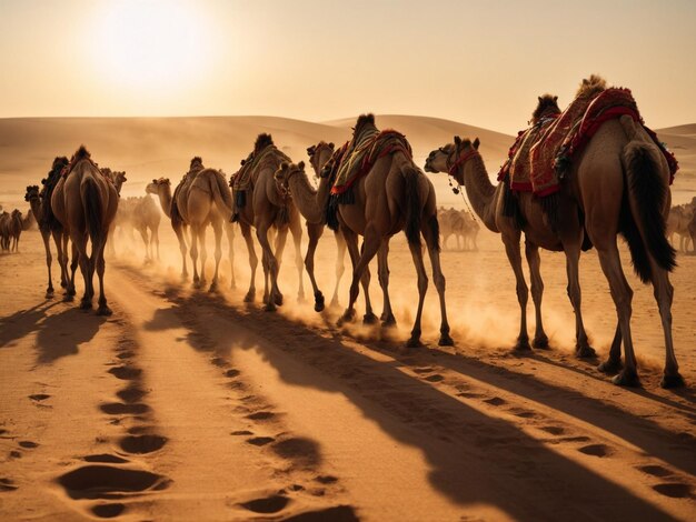 A caravan of camels walking together in desert