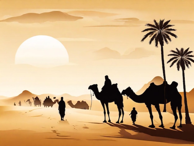 Caravan in desert background arab people and camels silhouettes in sands caravan with camel camelcade silhouette travel to sand desert illustration