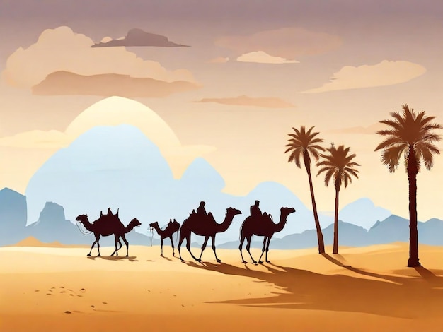 사막을 배경으로 한 카라반 - 아랍인들과 낙타들이 모래 위에 있는 실루 - 낙타와 함께 카라반 낙타가 모래 사막을 여행하는 실루 일러스트레이션