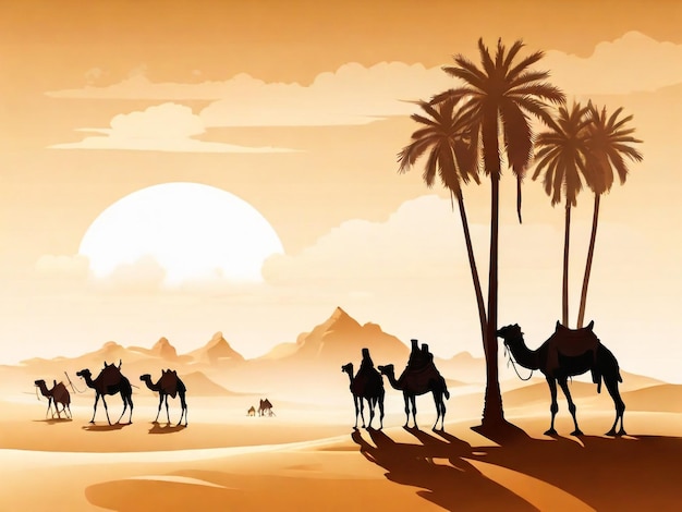 Caravan in desert background arab people and camels silhouettes in sands caravan with camel camelcade silhouette travel to sand desert illustration