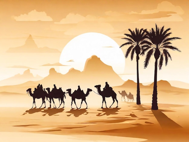 사막을 배경으로 한 카라반 - 아랍인들과 낙타들이 모래 위에 있는 실루 - 낙타와 함께 카라반 낙타가 모래 사막을 여행하는 실루 일러스트레이션