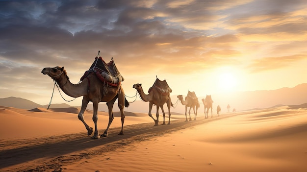 Caravan in the desert in the sunset rays