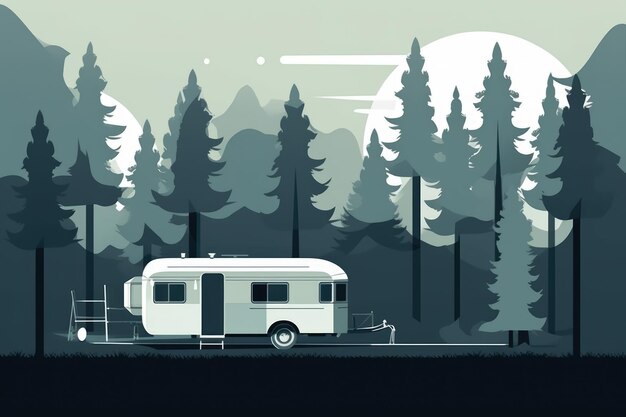 Караван и лесной пейзаж в минималистичной иллюстрации Мягкие и приглушенные цвета Генеративный ИИ