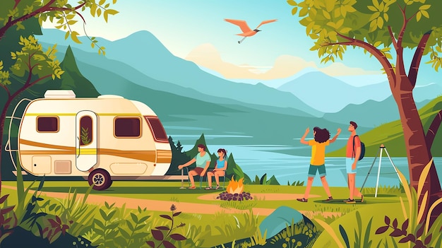 Caravan holiday trip a family enjoying nature