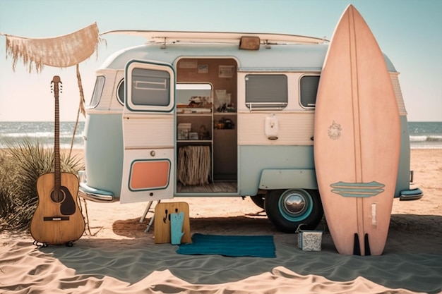 caravan met open deur die op het strand staat bij de zee surfboard gitaar hoed