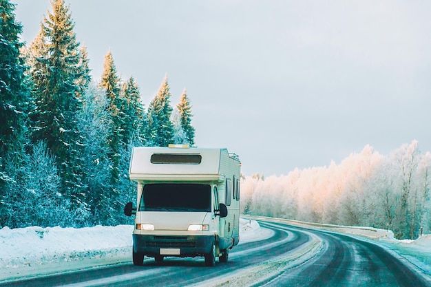 Caravan in road in  Rovaniemi Finland in winter, Lapland