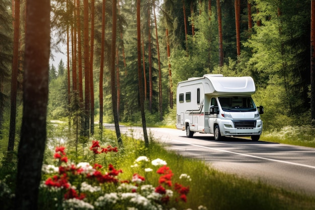 Caravan tourists choosing a forest route for nature tourism Generative ai