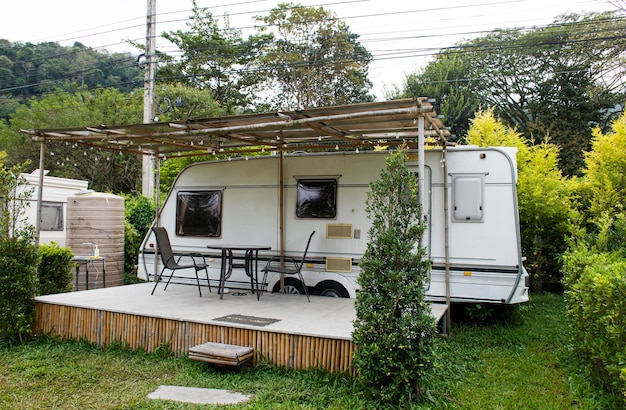 Caravan trailer with balcony in front