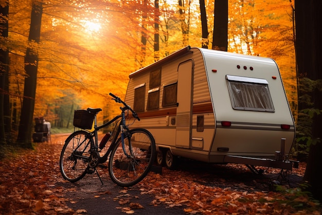 Caravan trailer with bicycle in autumn forest Holidays in motorhome