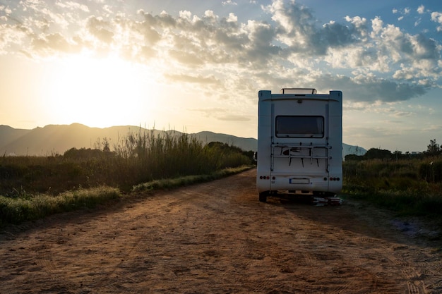 Caravan trip at sunset