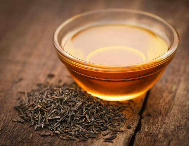 Caraway seeds with essential oil on wooden surface