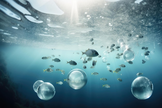 水中の二酸化炭素の泡と背景に泳ぐ魚