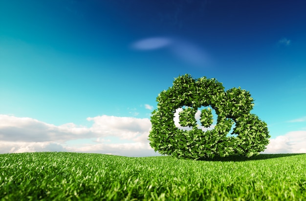 二酸化炭素排出制御の概念。背景に青い空と新鮮な春の牧草地のCO2雲の3Dレンダリング。