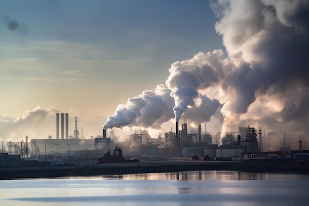 Carbon dioxide emissions from power plant represented with smoke and steam