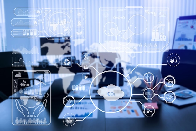 Carbon emissions to limit global warming and climate change to reduce CO2 levels through sustainable development Business working with room reduce CO2 concept