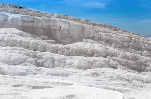 Carbonaat-minerale klif met met calciet beladen water in Hierapolis Pamukkale in Turkije. Pamukkale betekent katoenkasteel in het Turks, is een natuurlijke site in de provincie Denizli.