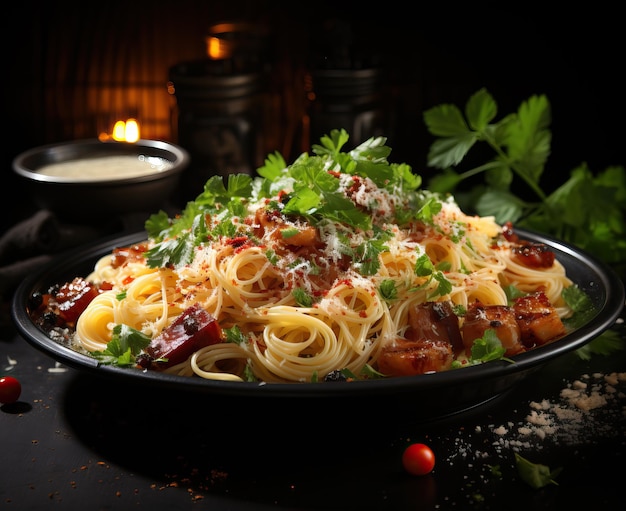 Carbonara pasta on a blurred background Selective soft focus